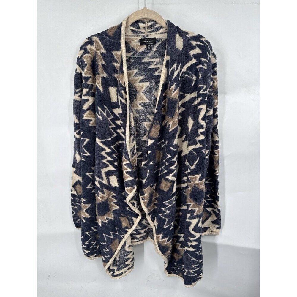 Lucky Brand Cardigan Women Medium Cream Aztec South Western‎ Drape Front Open